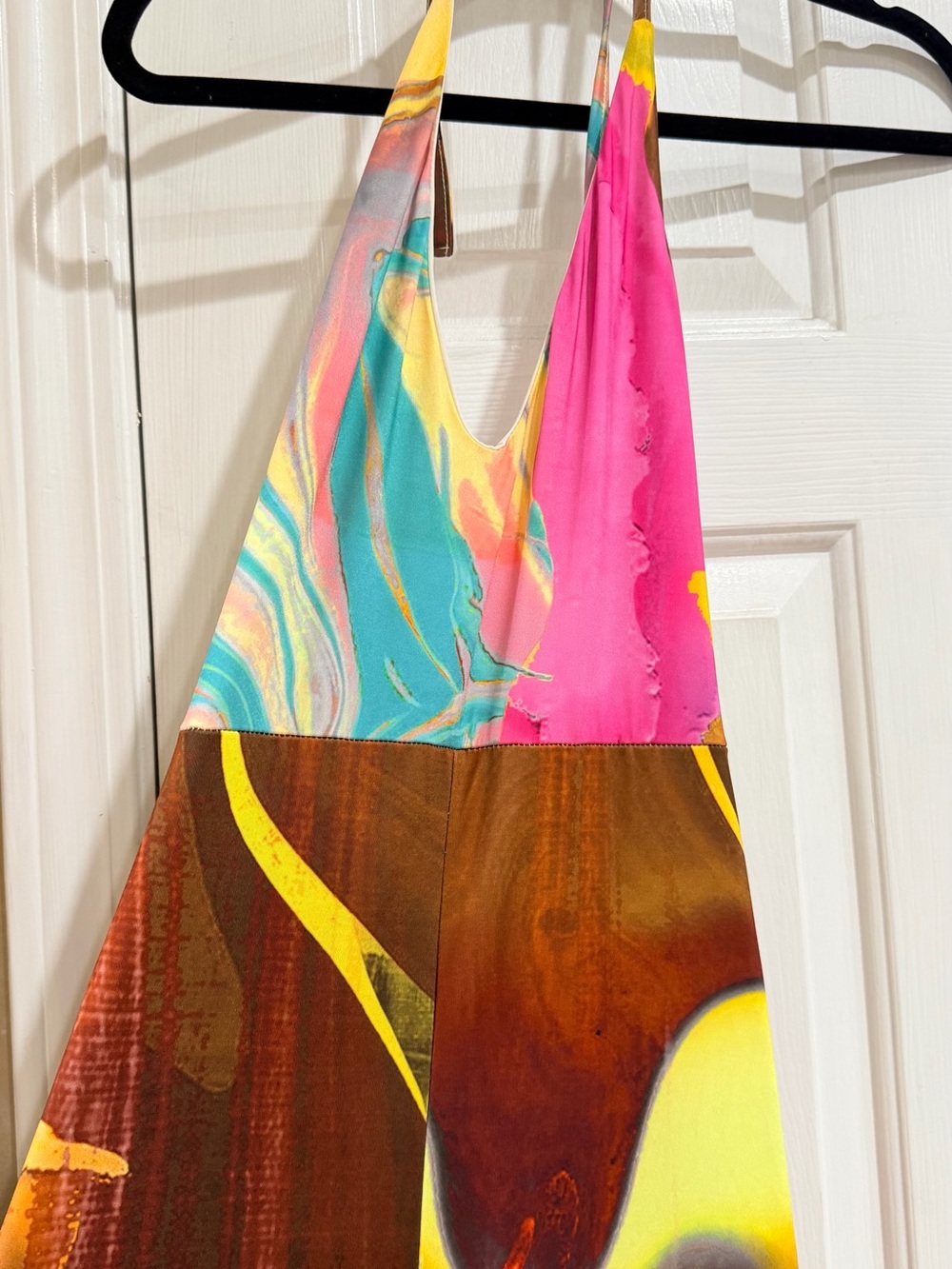 Colorful Abstract Print Halter Jumpsuit - Pink, Yellow & Brown - Picture 2 of 6
